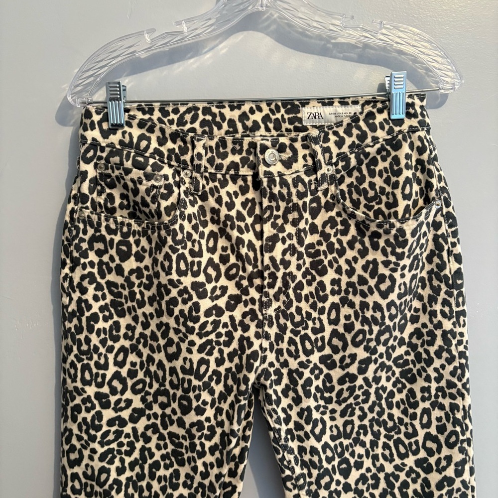Zara Women's Size 6 Leopard Print Bootcut High Rise Jeans Animal Print Cropped - Picture 5 of 16